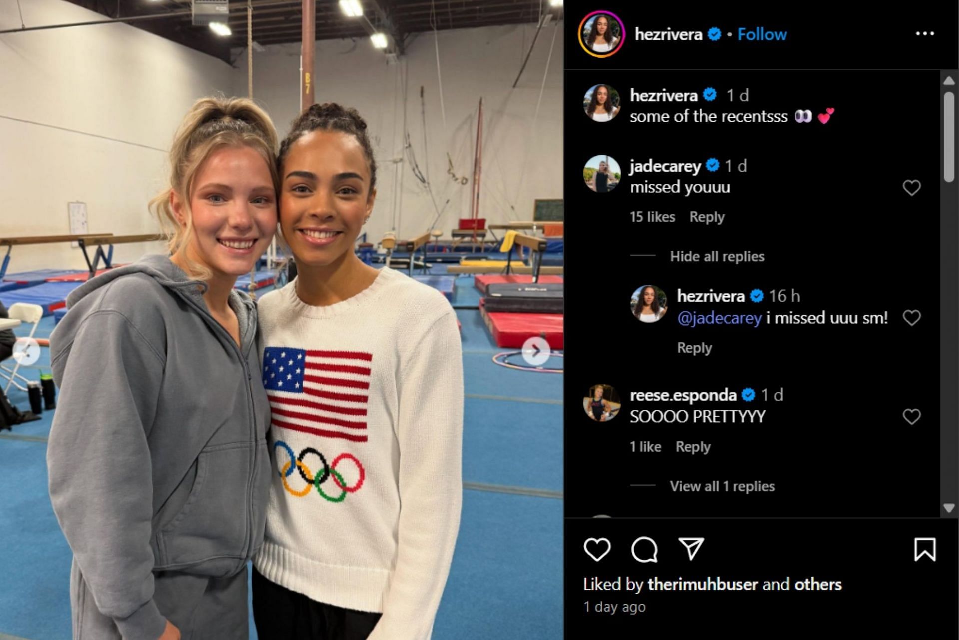 Hezly Rivera and Jade Carey share heartfelt moment; Instagram - @hezrivera